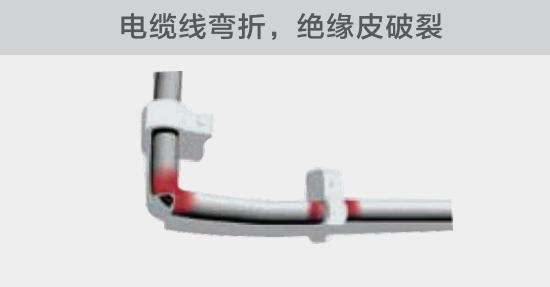 在安裝過程中，由于電線的彎曲半徑過小，或是線夾過緊，導致線纜絕緣皮破裂，產生電弧隱患